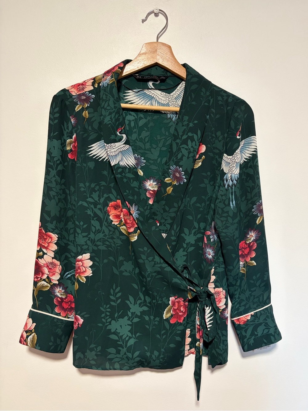 NWT - Zara Crane and Floral Print Kimono Wrap Blouse Women’s Medium
